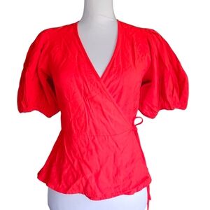 Red Puff Sleeve Wrap Blouse